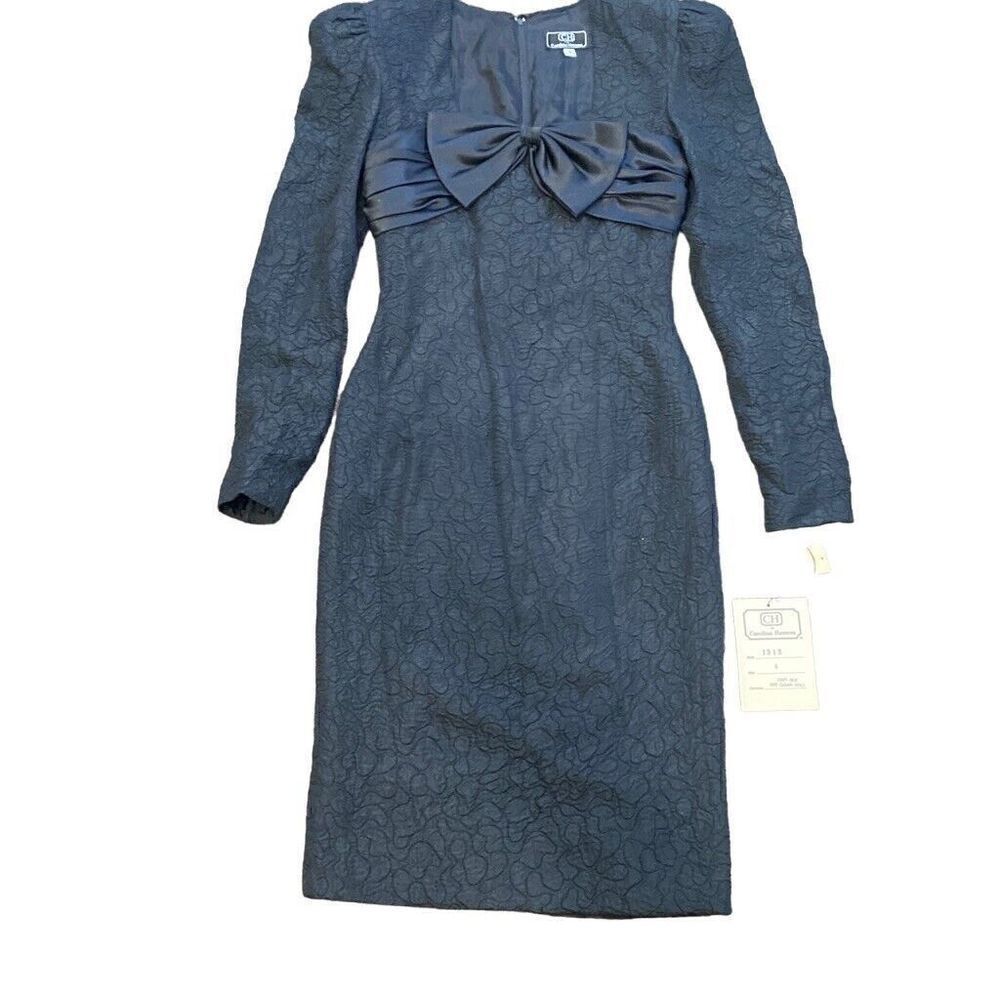 Carolina Herrera Dark Navy Textured Midi Dress with Satin Bow